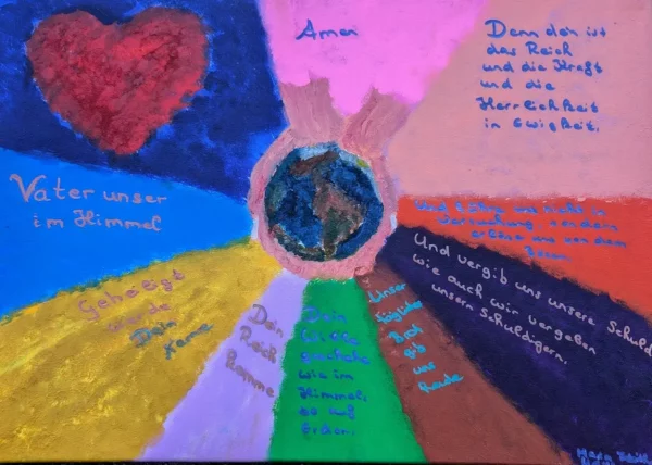 Hand mit Weltkugel Text: Das Gebet Unser Vater