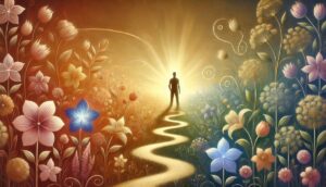 Eine Person steht am Ende eines gewundenen Pfades, umgeben von leuchtenden, übergroßen Blumen in einem bezaubernden Garten. Die Sonne strahlt einen warmen Schein hinter ihnen aus und verleiht der Szene eine mystische Atmosphäre.