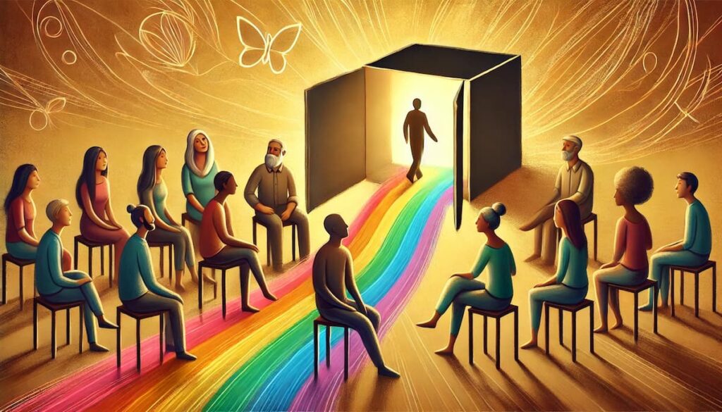 Eine gemischte Gruppe sitzender Menschen umgibt eine dunkle Box mit strahlendem Inneren. Eine Figur verlässt die Box und betritt einen Regenbogenpfad, der Entstehung und Transformation symbolisiert. Im Hintergrund sind leuchtende Wirbel und ein Schmetterling zu sehen.