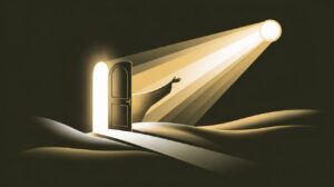 Eine stilisierte Darstellung einer offenen Tür in einer dunklen Landschaft. Der Arm einer Figur ragt durch den Türrahmen, helles Licht strömt herein und wirft lange Schatten auf den welligen Boden.