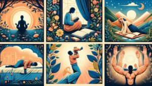 Sechs illustrierte Tafeln zeigen Menschen bei verschiedenen spirituellen oder achtsamen Aktivitäten, darunter Meditation, Lesen, Gebet, Kontemplation im Freien, Spielen mit einem Kind und das Ausstrecken der Arme in einem leuchtenden, strahlenden Licht.