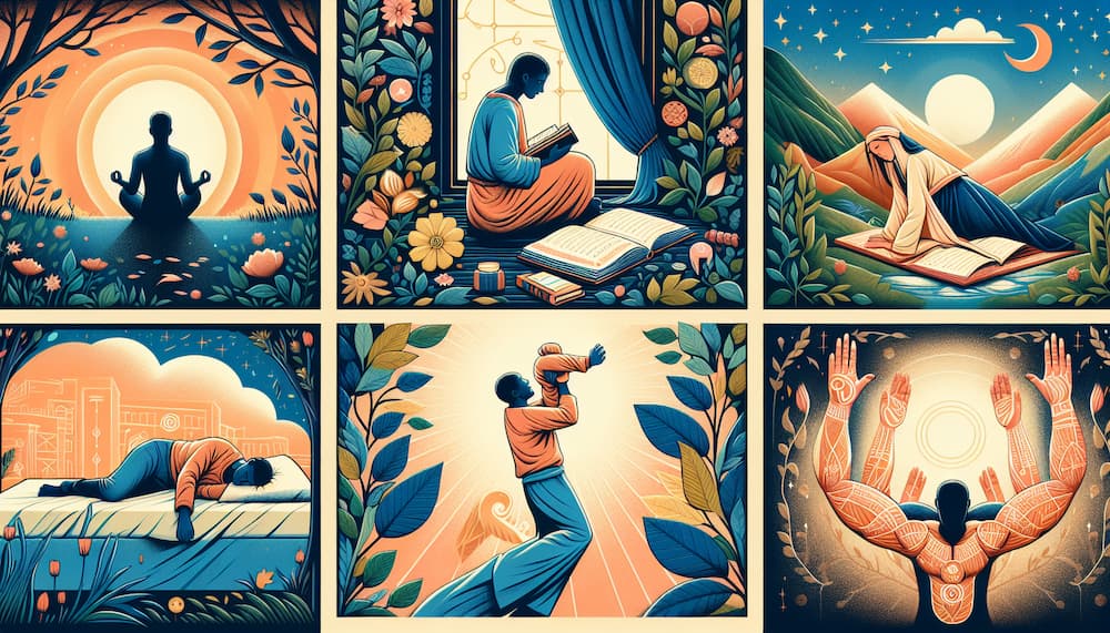 Sechs illustrierte Tafeln zeigen Menschen bei verschiedenen spirituellen oder achtsamen Aktivitäten, darunter Meditation, Lesen, Gebet, Kontemplation im Freien, Spielen mit einem Kind und das Ausstrecken der Arme in einem leuchtenden, strahlenden Licht.