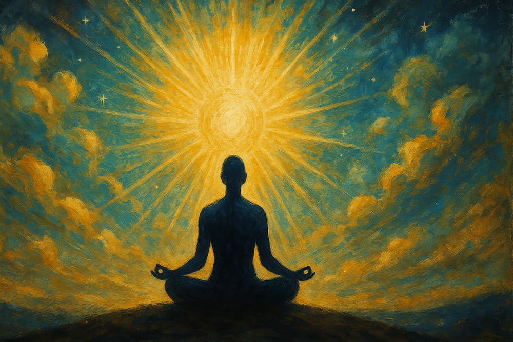 Die Silhouette einer im Schneidersitz meditierenden Person blickt auf eine strahlende, leuchtende Sonne, umgeben von wirbelnden Wolken und Sternen, und schafft so eine friedliche und spirituelle Atmosphäre.