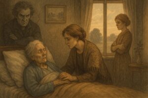 Drei Personen umringen eine ältere Frau, die im Bett liegt. Eine Frau sitzt an ihrem Bett, hält ihre Hand und sieht besorgt aus. Eine andere Frau steht mit verschränkten Armen da, und ein Mann steht dahinter und wirkt aufgebracht. Die Szene ist düster und in Sepia gehalten.