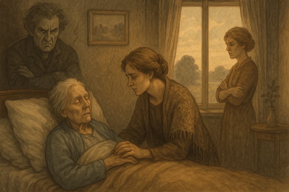 Drei Personen umringen eine ältere Frau, die im Bett liegt. Eine Frau sitzt an ihrem Bett, hält ihre Hand und sieht besorgt aus. Eine andere Frau steht mit verschränkten Armen da, und ein Mann steht dahinter und wirkt aufgebracht. Die Szene ist düster und in Sepia gehalten.