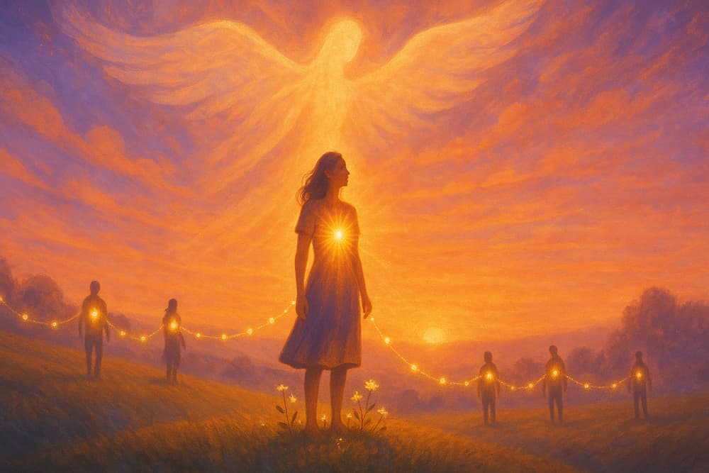 Eine leuchtende Engelsgestalt leuchtet am Himmel über Menschen, die bei Sonnenuntergang auf einem Feld stehen. Jede Person ist durch eine Lichterkette verbunden, die von ihren Herzen ausgeht. Im Vordergrund steht eine Frau mit einem hellen Licht auf der Brust.