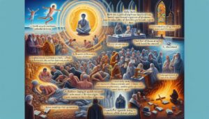 Eine farbenfrohe, detaillierte Illustration zeigt eine heitere Gestalt, die in einer leuchtenden Kugel über einer Menschenmenge meditiert, umgeben von religiösen, wissenschaftlichen und spirituellen Bildern, mit Textfeldern, die philosophische und spirituelle Betrachtungen bieten.