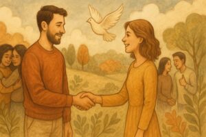 Ein Mann und eine Frau lächeln und geben sich in einem ruhigen, sonnigen Park die Hand. Über ihnen fliegt eine weiße Taube. Im Hintergrund umarmen sich zwei Paare, ein weiteres Paar streckt den Daumen hoch.